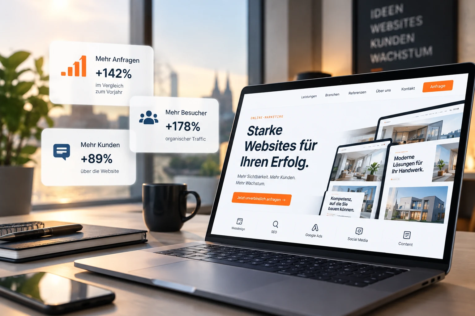 Laptop mit einer Unternehmenswebsite auf dem Schreibtisch, im Hintergrund der Kölner Dom; daneben Karten mit mehr Anfragen, mehr Besuchern und mehr Kunden